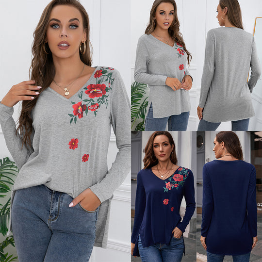 Damen Langarm-T-Shirt mit floralem Print und V-Ausschnitt EB