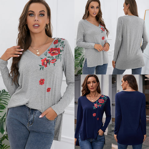 Damen Langarm-T-Shirt mit floralem Print und V-Ausschnitt EB