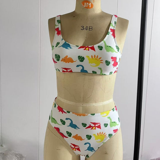 Damen Sport-Bikini mit verspieltem Dinosaurier-Muster EB