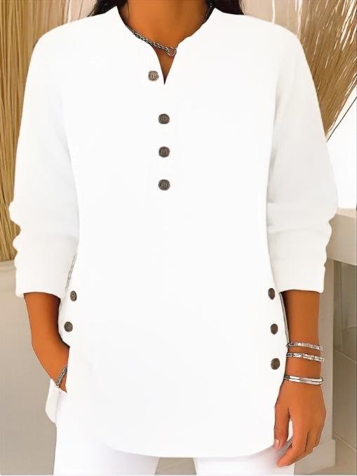 Damen nan plissee Tunika-Bluse mit Stehkragen, Knopfleiste und seitlichen Zierknöpfen EB