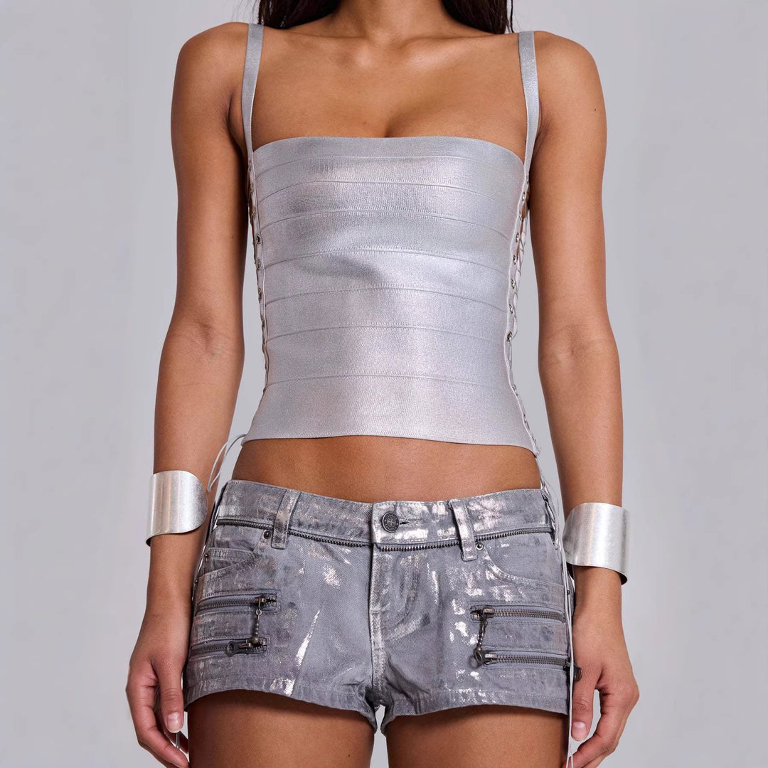 Damen Glänzendes Tanktop mit seitlichen Schnürdetails EB
