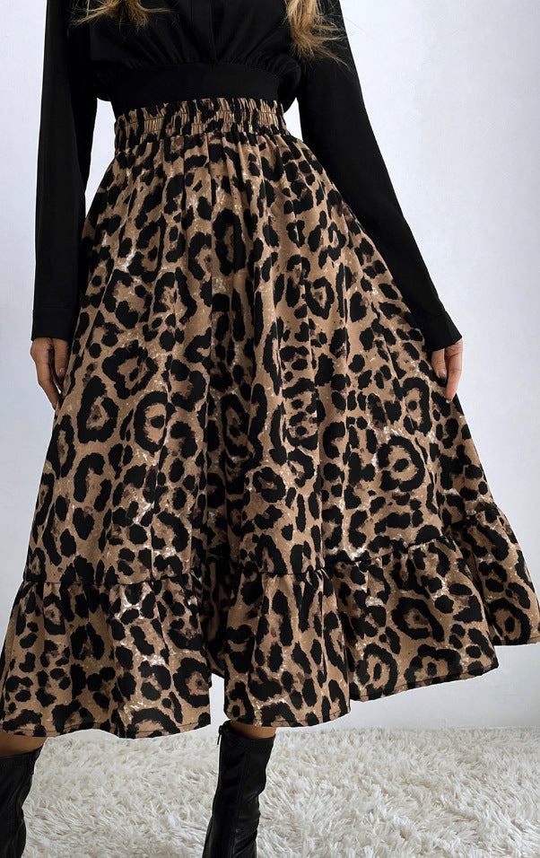 Damen Midi-Rock mit Volants und tierischem Muster EB