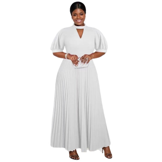 Damen elegantes Maxikleid mit plissiertem Rock und modischem Schlüssel-Ausschnitt EB