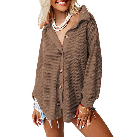 Damen lässige Waffelstruktur-Hemdjacke mit Knopfleiste EB