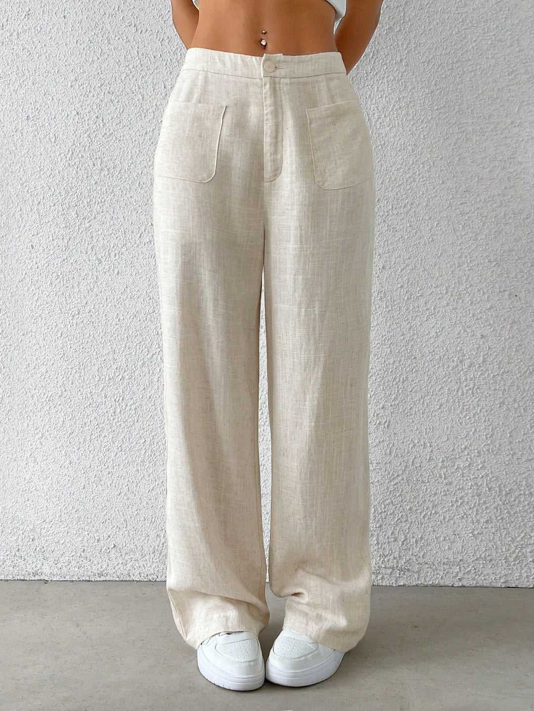 Damen Weit geschnittene Leinenhose mit elastischem Bund und praktischen Taschen EB