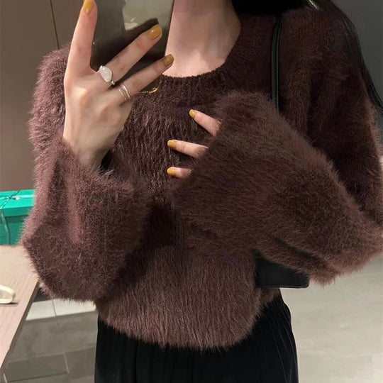 Damen modischer cropped Pullover mit weichem Flausch-Material EB