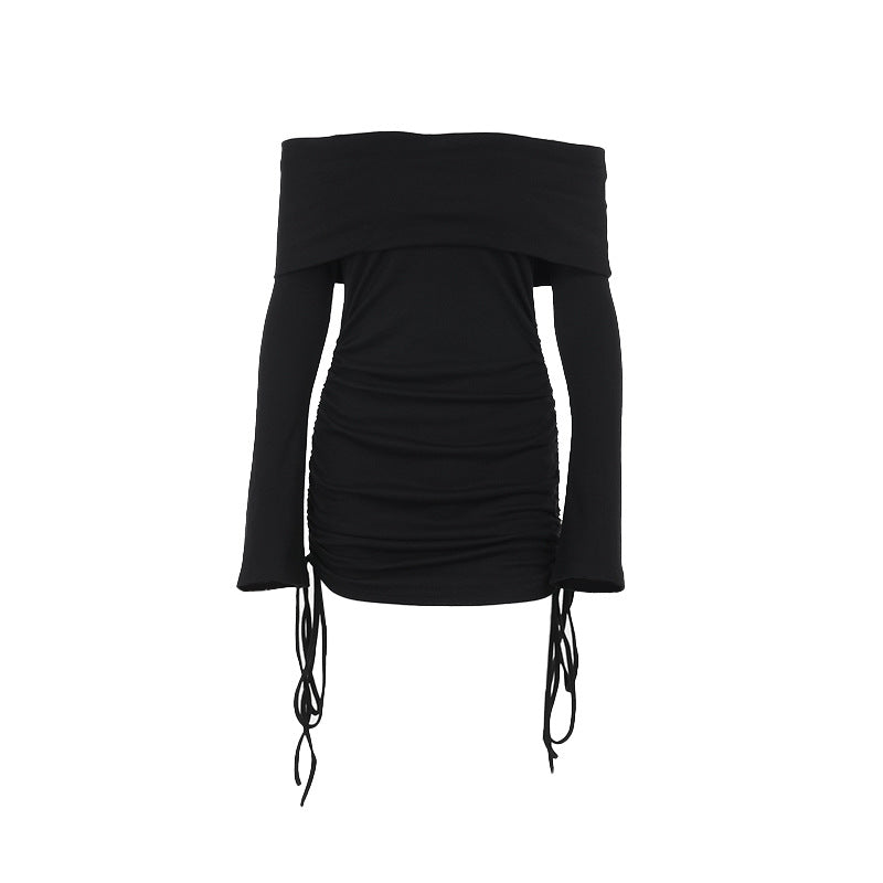 Damen Off-Shoulder Mini-Kleid mit Raffung und langen Ärmeln EB