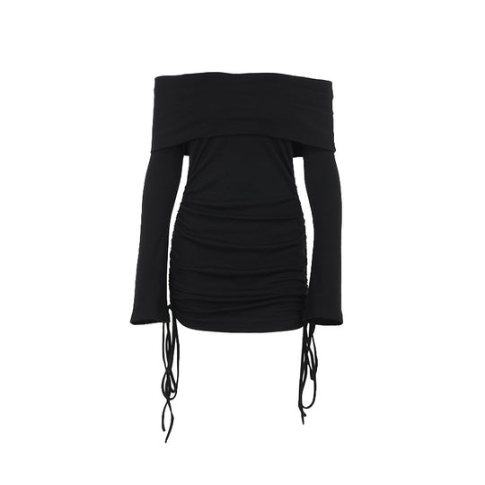 Damen Off-Shoulder Mini-Kleid mit Raffung und langen Ärmeln EB