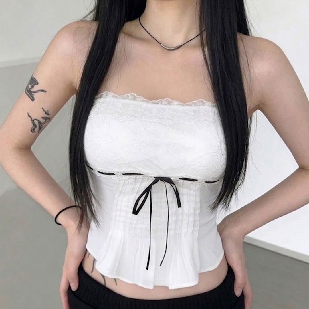 Damen-Spitzen-Bandeau-Top mit Raffungen und dekorativem Bindeband EB