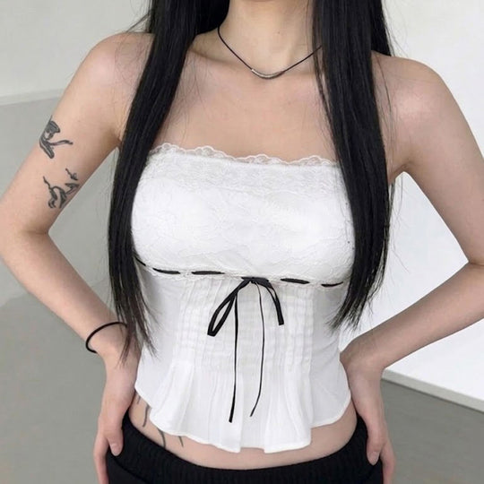 Damen-Spitzen-Bandeau-Top mit Raffungen und dekorativem Bindeband EB