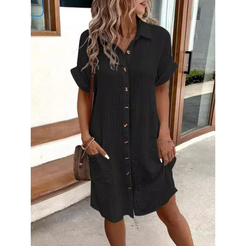 Damen lässiges Freizeitkleid mit Knopfleiste und Taschen EB