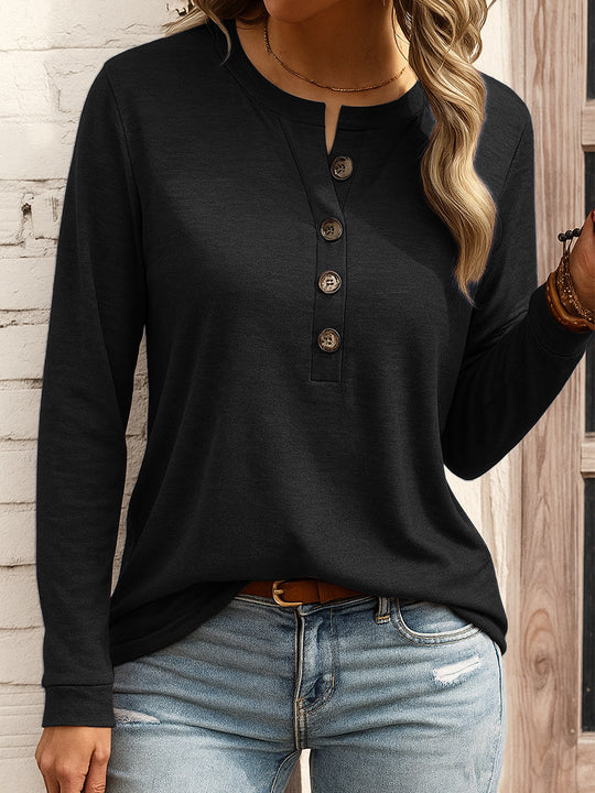 Damen Langarm-Henleyshirt mit Knopfleiste und Notch-Ausschnitt EB