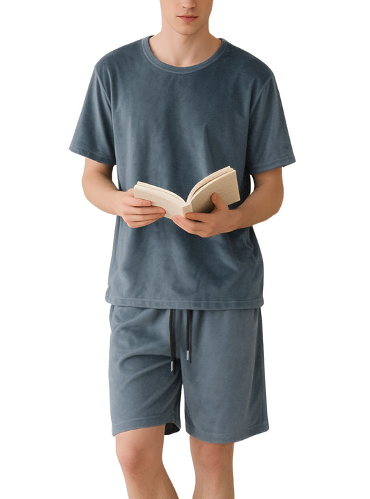 Herren nan Samtvelours Lounge-Set mit Rundhals-Kurzarmshirt und Kordelshorts EB