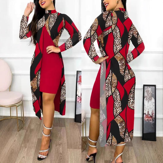 Damen elegantes Maxikleid mit asymmetrischem Schnitt und Grafischem Muster EB
