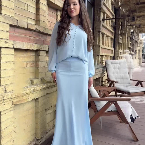 Damen Elegantes Maxi-Kleid mit transparenten Ärmeln und Hochgeschlossenem Design EB