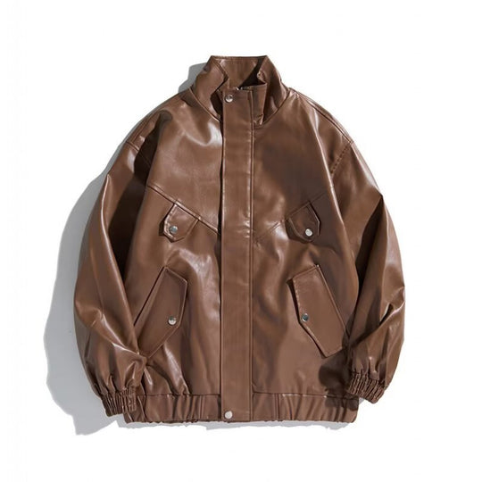 Damen modische Kunstlederjacke mit praktischen Taschen und hohem Kragen EB