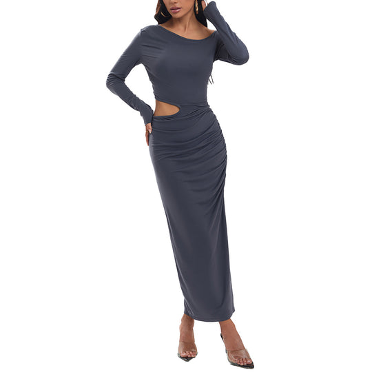 Damen eng anliegendes Maxikleid mit langem Arm seitlichem Cut-Out geraffter Hüfte und hohem Beinschlitz Eichborn Berlin