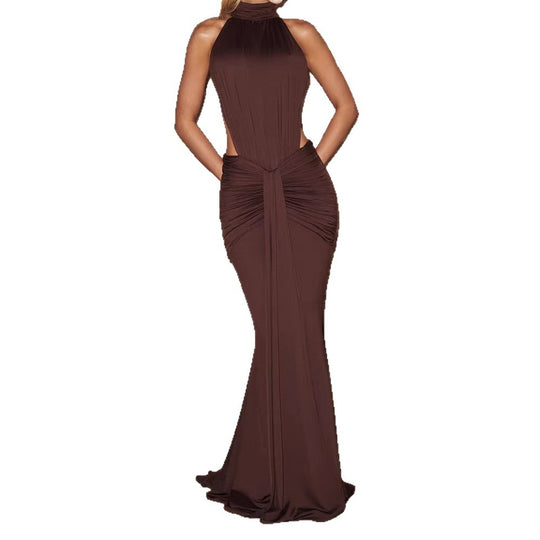 Damen Elegantes Maxikleid mit drapiertem Vorderteil und hochgeschlossenem Design EB