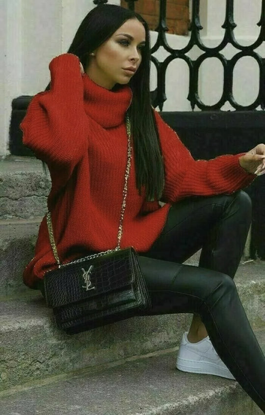 Damen Grobstrickpullover mit hohem Kragen und lässigem Schnitt EB