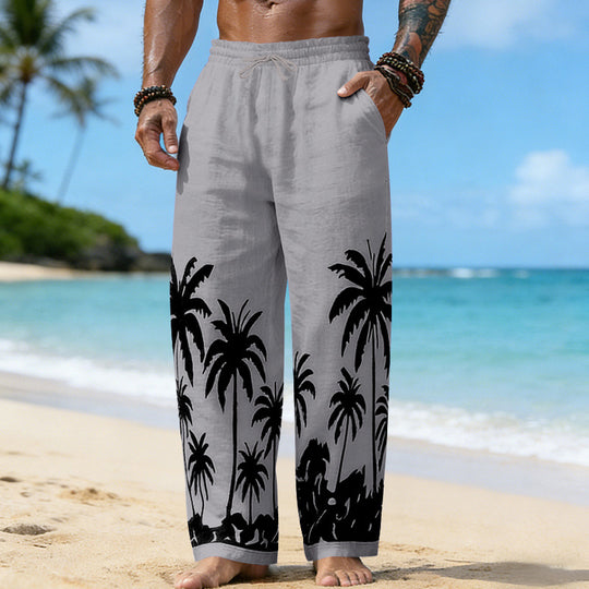 Herren Lässige weite Leinenhose mit elastischem Bund und tonalem Palmenprint EB
