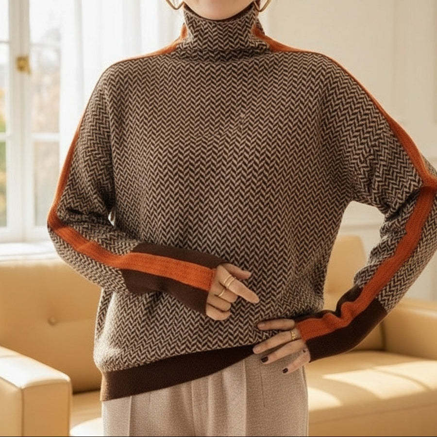Damen Feinstrickpullover mit geometrischem Jacquardmuster, Stehkragen und Kontrastband EB