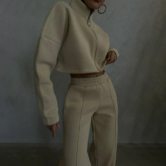 Damen sportliches Cropped-Fleece-Set mit hohem Kragen und modernem Reißverschluss EB