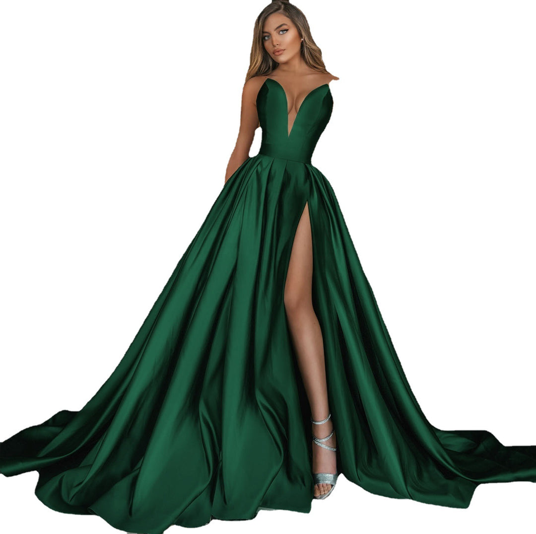 Damen Glamouröses Abendkleid mit tiefem V-Ausschnitt und eleganter Schleppe EB