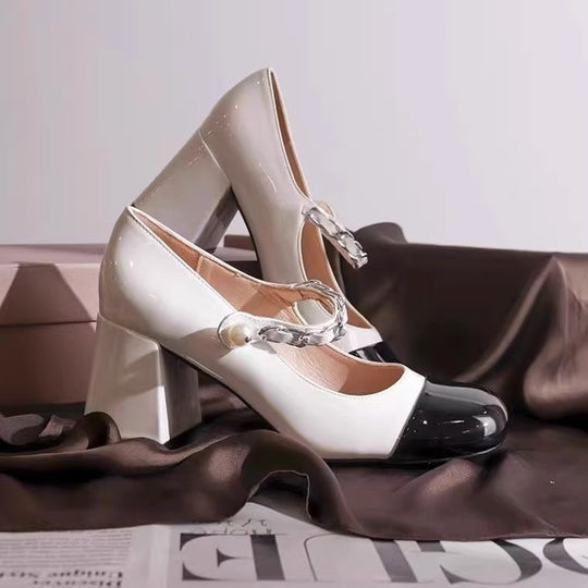 Damen elegante Blockabsatz-Pumps mit Kettenapplikation EB
