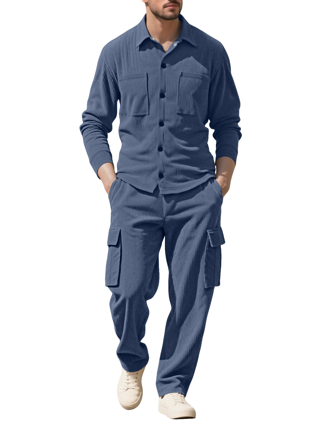 Herren nan geripptes Worker-Hemd mit Brusttaschen und entspannter Cargohose EB