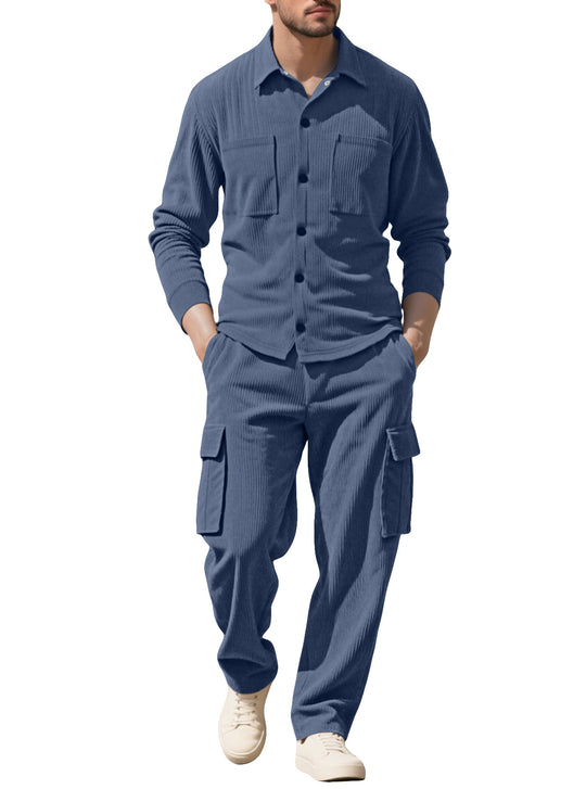 Herren nan geripptes Worker-Hemd mit Brusttaschen und entspannter Cargohose EB