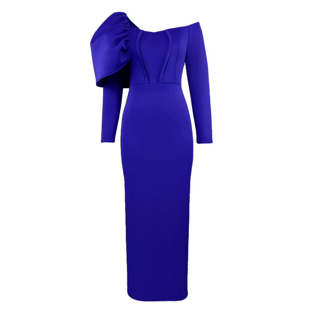 Damen Elegantes Maxikleid mit asymmetrischem Puffärmel und figurbetontem Schnitt EB