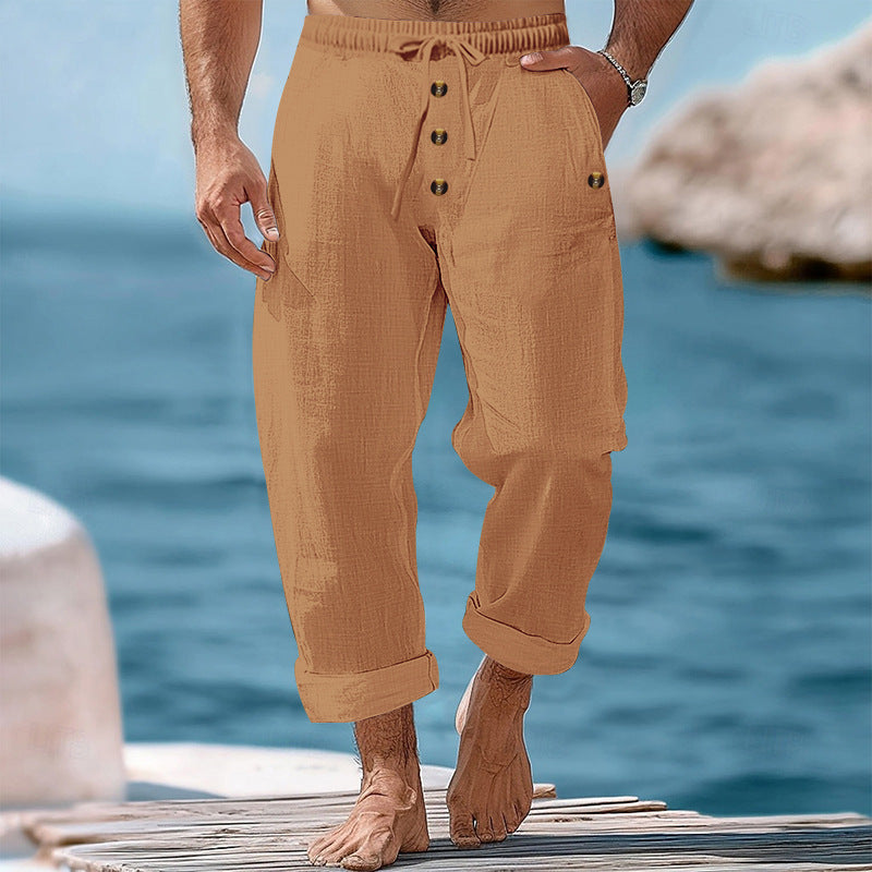 Herren nan lockere Leinen-Baumwoll-Hose mit elastischem Bund, Kordelzug und aufgekrempeltem Saum EB