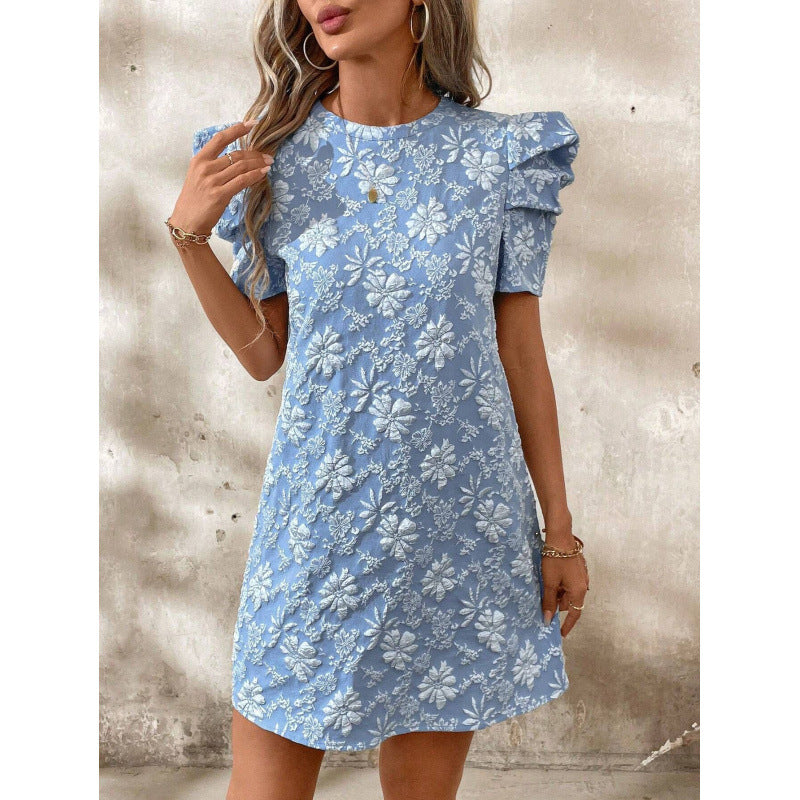 Damen Kurzarmkleid mit voluminiösen Ärmeln und floralen Stickereien EB