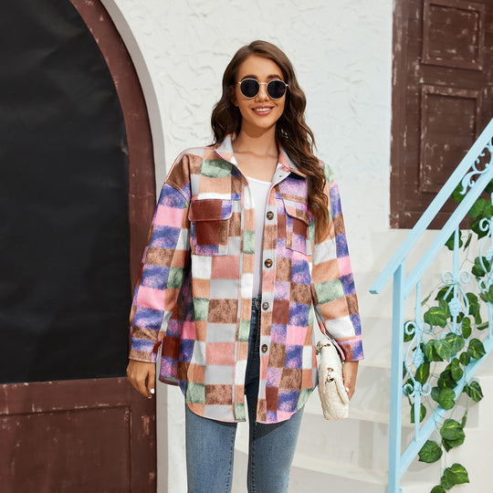 Damen Karierte Flanelljacke mit praktischen Taschen und oversize Schnitt EB