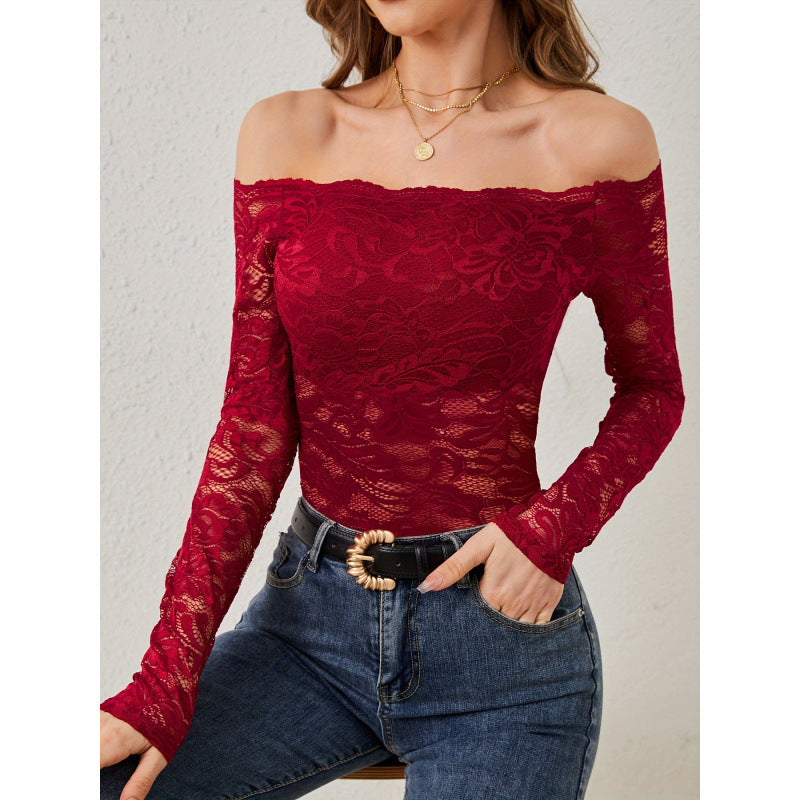 Damen Spitzenbody mit schulterfreiem Design und langen Ärmeln EB