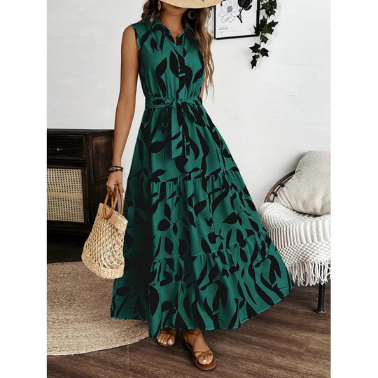 Damen Maxi-Kleid mit maskulinem Blätterdruck und tailliertem Gürtel EB