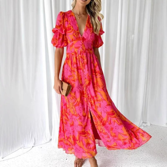 Damen Maxikleid mit Blumenmuster und V-Ausschnitt EB