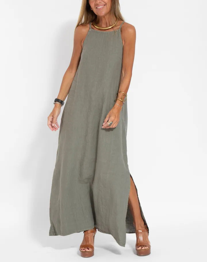 Damen elegantes Maxikleid mit feinen Trägern und schwingendem Saum EB