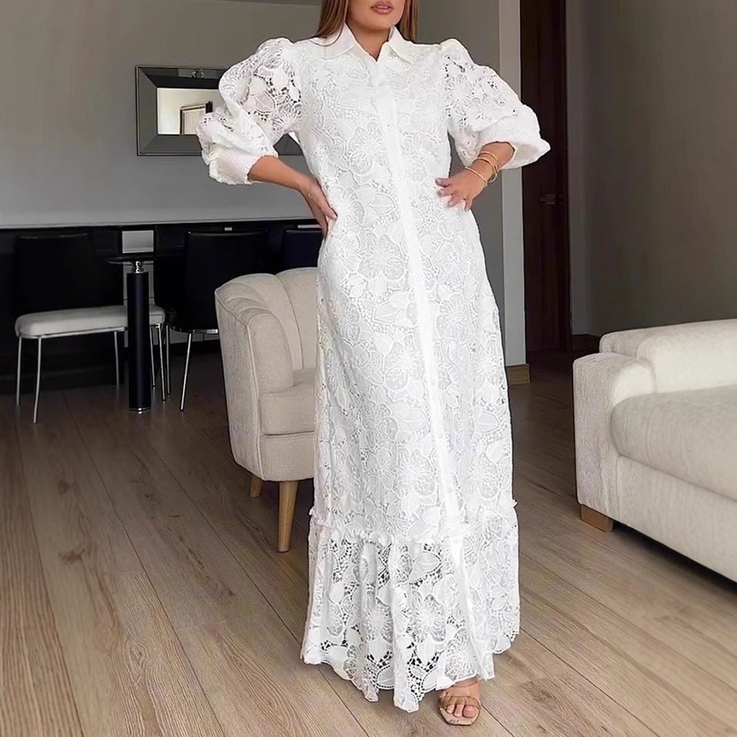 Damen Langärmliges Spitzenkleid mit voluminösen Puffärmeln und eleganter Knopfleiste Heidi-Mode