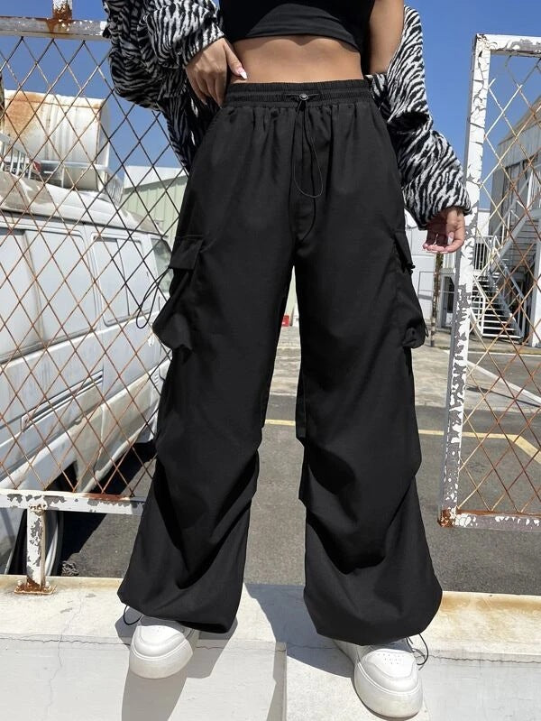 Damen nan weite Cargo-Hose mit Tunnelzugbund, Mehrfachtaschen und verstellbarem Saum EB
