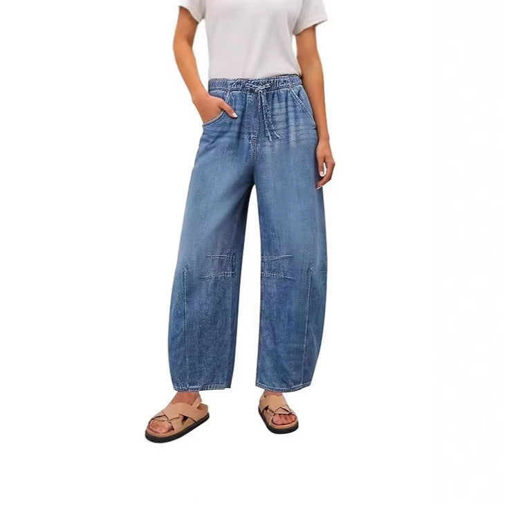 Damen weite Denim-Hose mit elastischem Bund und praktischem Schnitt EB