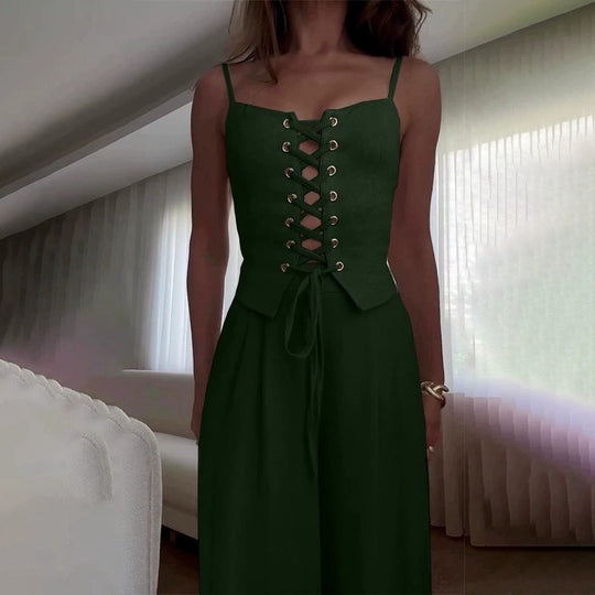 Damen Jumpsuit mit femininer Schnürung und weit geschnittenem Bein EB