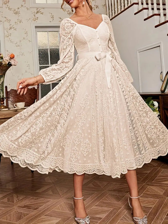 Damen Elegantes Spitze Midi-Kleid mit puffärmel und Taillenbindung EB