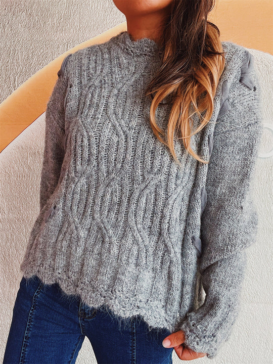 Damen Grobstrickpullover mit romantischem Wellenmuster und volumetrischen Ärmeln EB