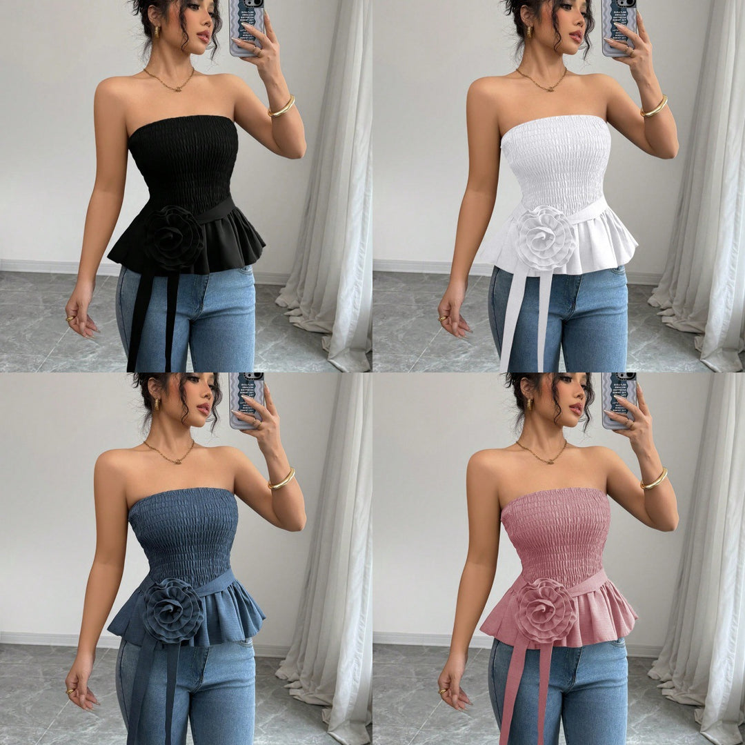 Damen Rüschen Top mit Taillenknoten EB
