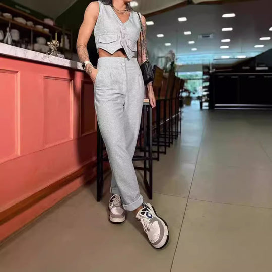Damen Bequemes Lounge-Set mit Knopfdetails und weitem Bein EB