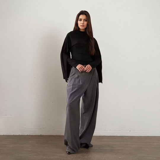 Damen asymmetrisches Cape-Longsleeve mit hohem Kragen und fließendem Overlay Eichborn Berlin
