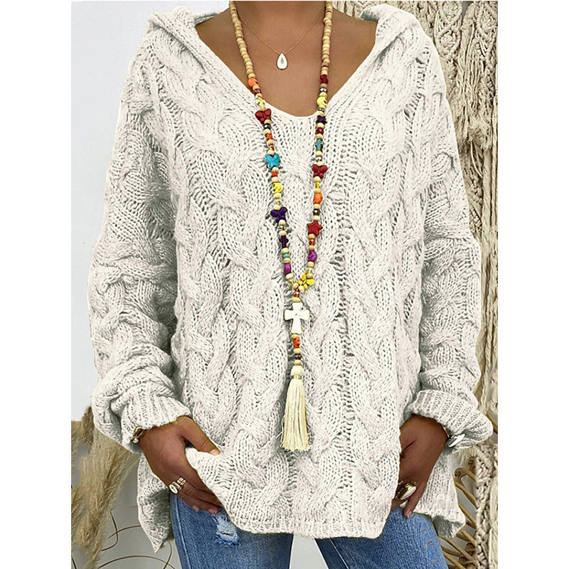 Damen Hoody aus Grobstrick mit V-Ausschnitt und dekorativem Kordelzug EB