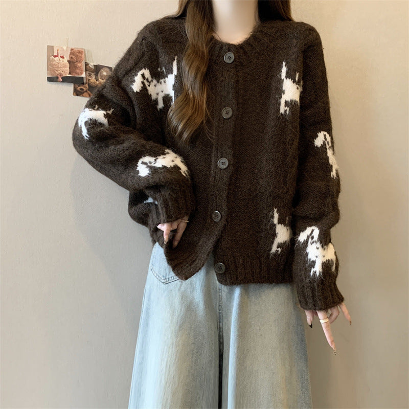 Damen Gemusterter Strickcardigan mit tierischem Motiv und bequemen Oversized-Schnitten EB