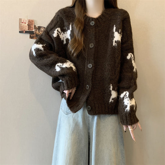 Damen Gemusterter Strickcardigan mit tierischem Motiv und bequemen Oversized-Schnitten EB